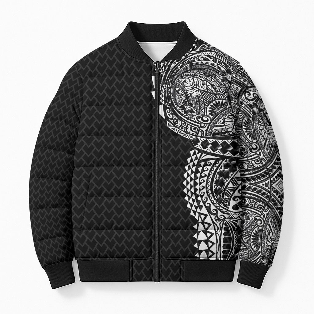 Hawaiian Traditional Tattoos Bomber Puffer Jacket Kakau Tribal Tropical Plant Motif Black Color LT03 Unisex Black - Polynesian Pride