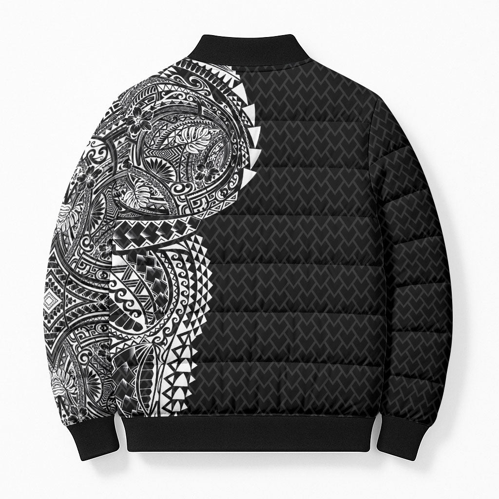 Hawaiian Traditional Tattoos Bomber Puffer Jacket Kakau Tribal Tropical Plant Motif Black Color LT03 - Polynesian Pride