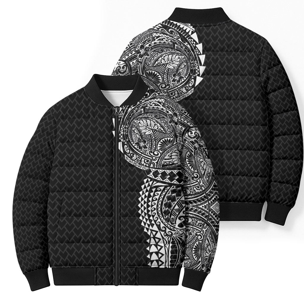 Hawaiian Traditional Tattoos Bomber Puffer Jacket Kakau Tribal Tropical Plant Motif Black Color LT03 - Polynesian Pride