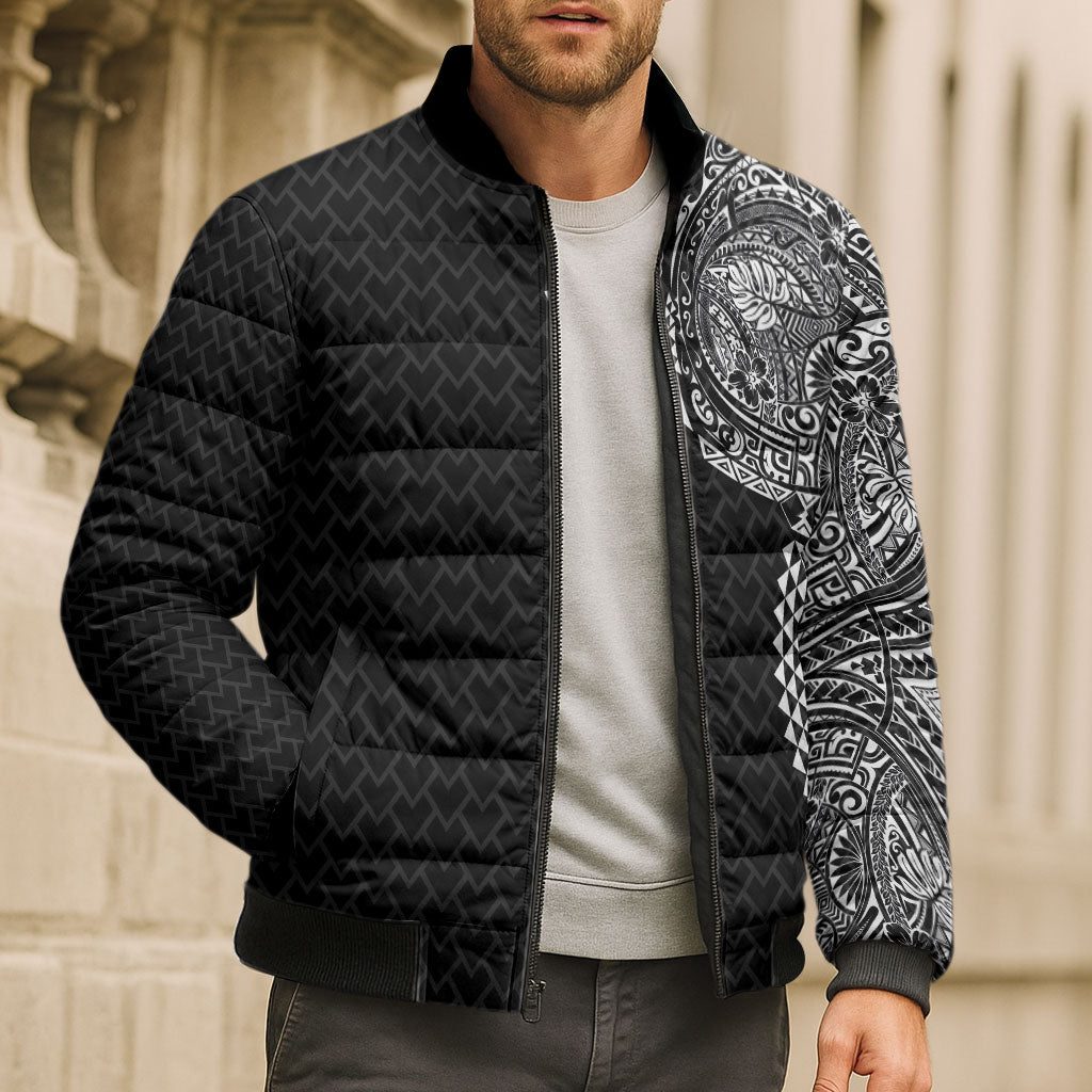 Hawaiian Traditional Tattoos Bomber Puffer Jacket Kakau Tribal Tropical Plant Motif Black Color LT03 - Polynesian Pride