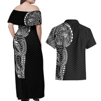 Hawaiian Traditional Tattoos Couples Matching Off Shoulder Maxi Dress and Hawaiian Shirt Kakau Tribal Tropical Plant Motif Black Color LT03 - Polynesian Pride