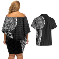 Hawaiian Traditional Tattoos Couples Matching Off Shoulder Short Dress and Hawaiian Shirt Kakau Tribal Tropical Plant Motif Black Color LT03 - Polynesian Pride