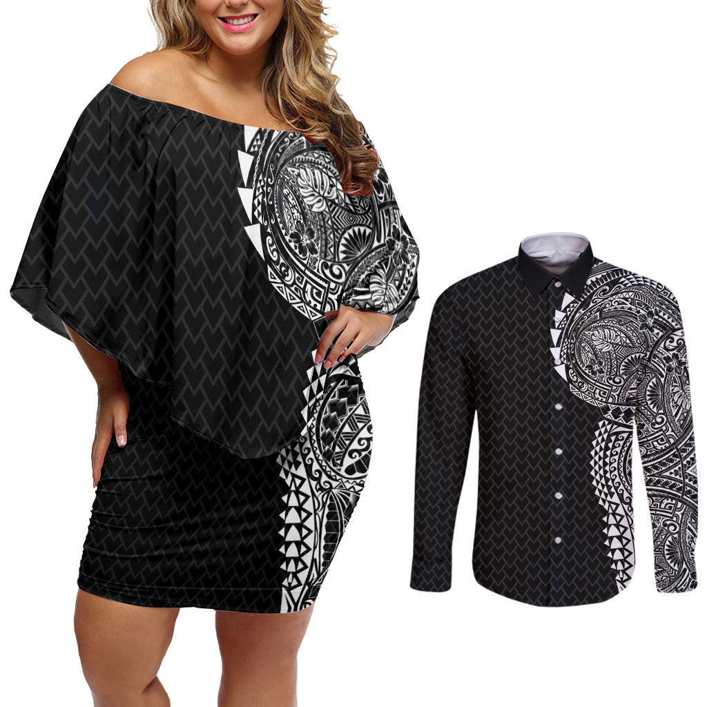 Hawaiian Traditional Tattoos Couples Matching Off Shoulder Short Dress and Long Sleeve Button Shirt Kakau Tribal Tropical Plant Motif Black Color
