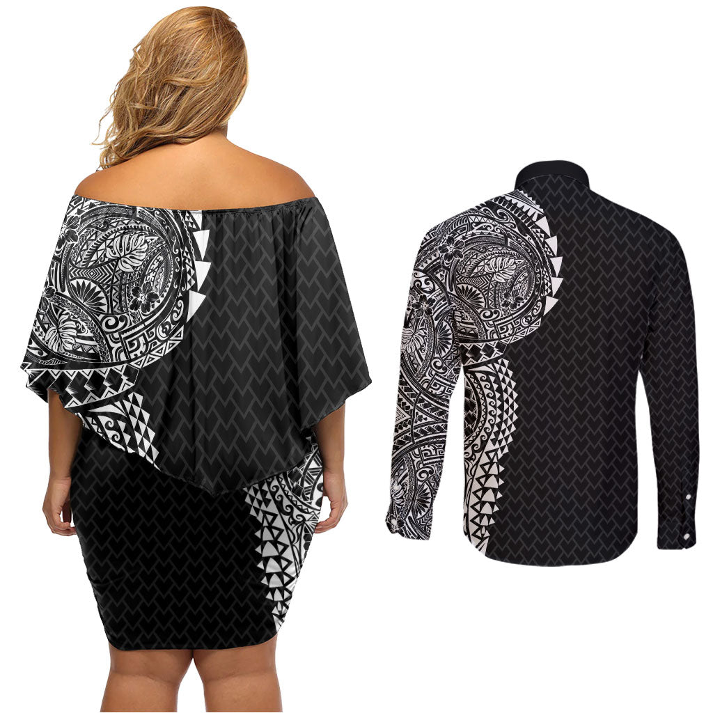 Hawaiian Traditional Tattoos Couples Matching Off Shoulder Short Dress and Long Sleeve Button Shirt Kakau Tribal Tropical Plant Motif Black Color LT03 - Polynesian Pride