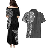 Hawaiian Traditional Tattoos Couples Matching Puletasi and Hawaiian Shirt Kakau Tribal Tropical Plant Motif Black Color LT03 - Polynesian Pride