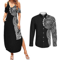 Hawaiian Traditional Tattoos Couples Matching Summer Maxi Dress and Long Sleeve Button Shirt Kakau Tribal Tropical Plant Motif Black Color LT03 Black - Polynesian Pride