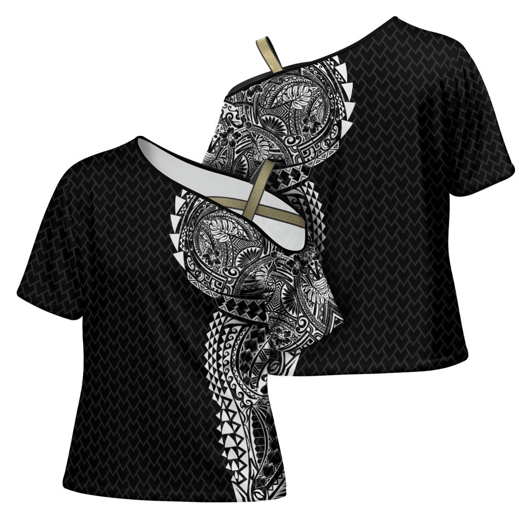 Hawaiian Traditional Tattoos Cross Shoulder Shirt Kakau Tribal Tropical Plant Motif Black Color