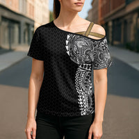 Hawaiian Traditional Tattoos Cross Shoulder Shirt Kakau Tribal Tropical Plant Motif Black Color