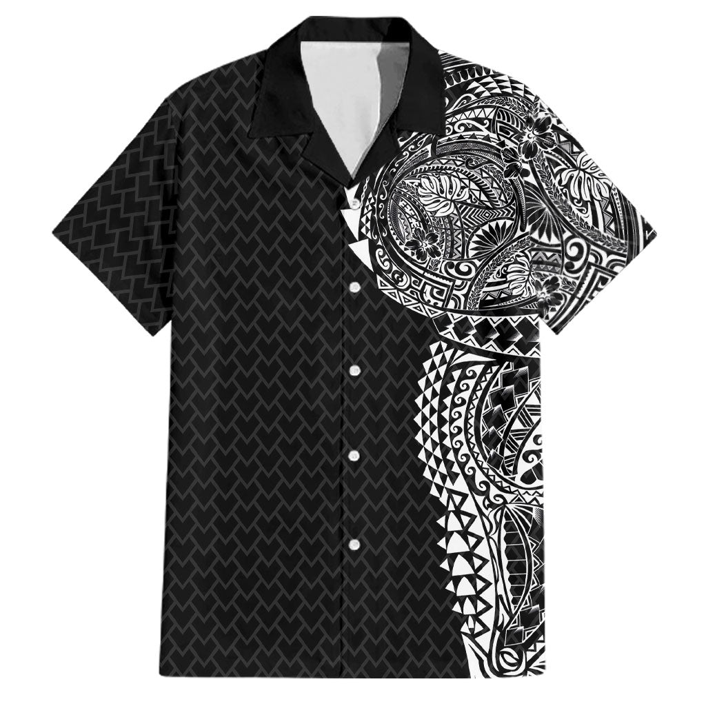 Hawaiian Traditional Tattoos Family Matching Long Sleeve Bodycon Dress and Hawaiian Shirt Kakau Tribal Tropical Plant Motif Black Color LT03 Dad's Shirt - Short Sleeve Black - Polynesian Pride