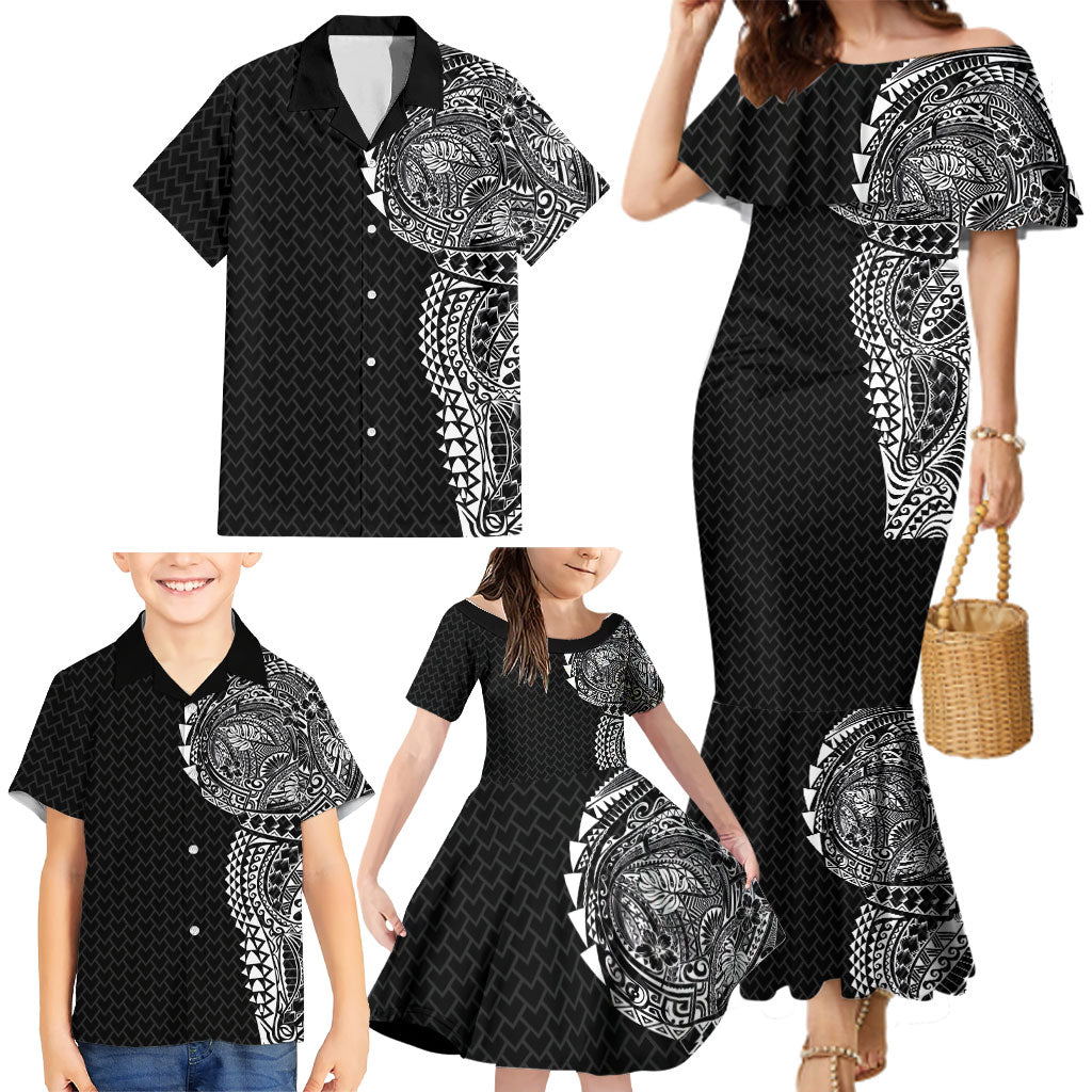 Hawaiian Traditional Tattoos Family Matching Mermaid Dress and Hawaiian Shirt Kakau Tribal Tropical Plant Motif Black Color LT03 - Polynesian Pride