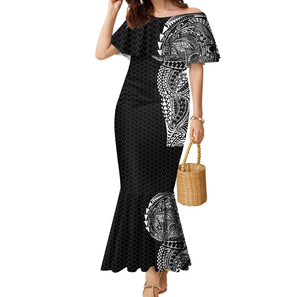 Hawaiian Traditional Tattoos Family Matching Mermaid Dress and Hawaiian Shirt Kakau Tribal Tropical Plant Motif Black Color LT03 Mom's Dress Black - Polynesian Pride