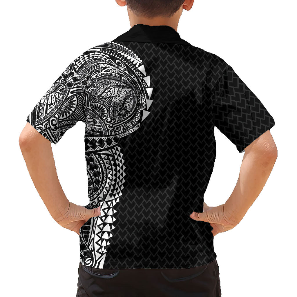 Hawaiian Traditional Tattoos Family Matching Off The Shoulder Long Sleeve Dress and Hawaiian Shirt Kakau Tribal Tropical Plant Motif Black Color LT03 - Polynesian Pride