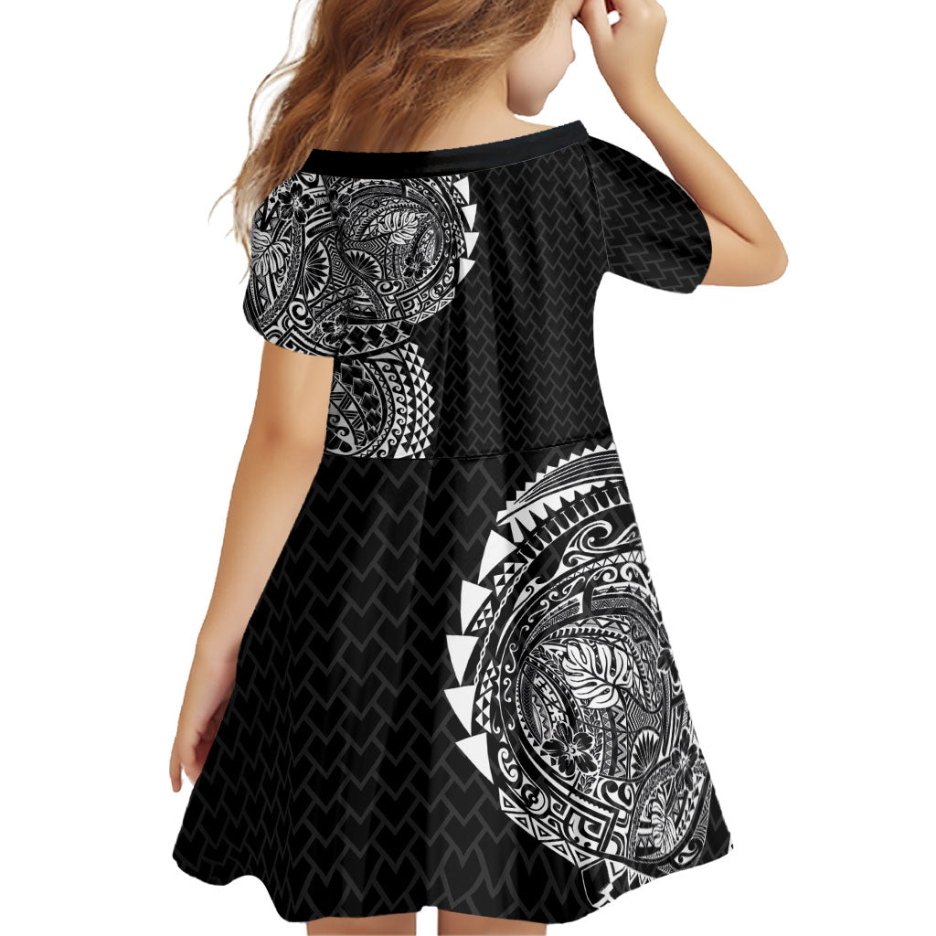 Hawaiian Traditional Tattoos Family Matching Off The Shoulder Long Sleeve Dress and Hawaiian Shirt Kakau Tribal Tropical Plant Motif Black Color LT03 - Polynesian Pride