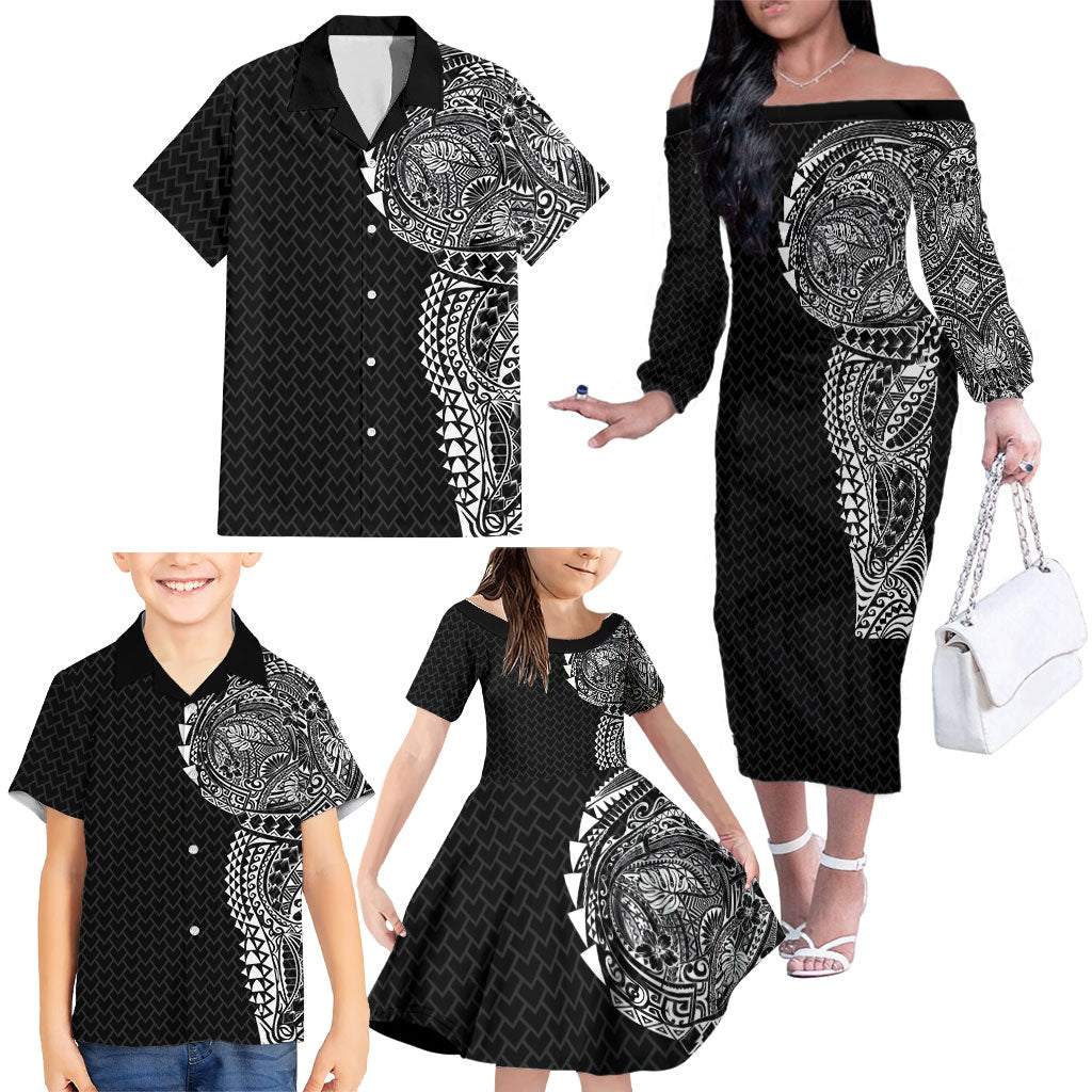 Hawaiian Traditional Tattoos Family Matching Off The Shoulder Long Sleeve Dress and Hawaiian Shirt Kakau Tribal Tropical Plant Motif Black Color LT03 - Polynesian Pride