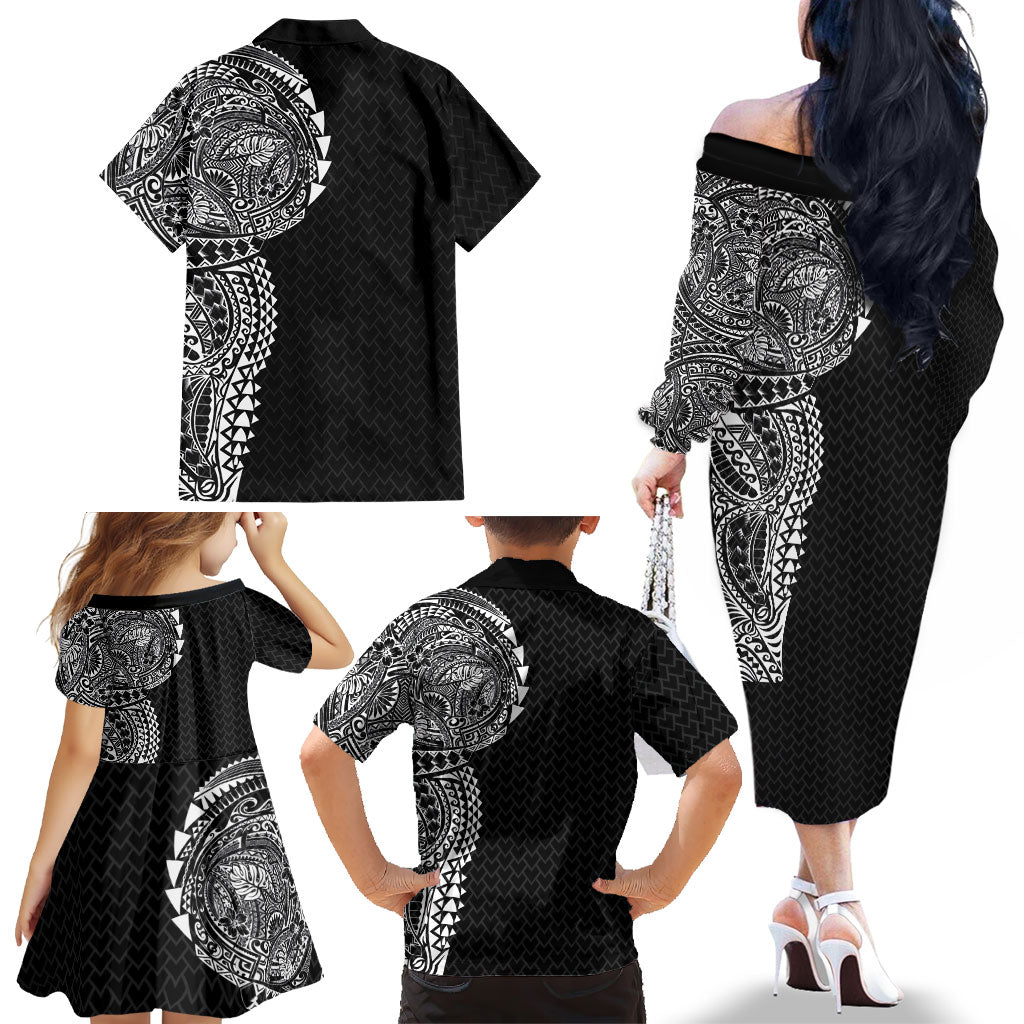 Hawaiian Traditional Tattoos Family Matching Off The Shoulder Long Sleeve Dress and Hawaiian Shirt Kakau Tribal Tropical Plant Motif Black Color LT03 - Polynesian Pride