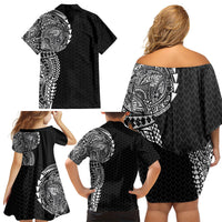 Hawaiian Traditional Tattoos Family Matching Off Shoulder Short Dress and Hawaiian Shirt Kakau Tribal Tropical Plant Motif Black Color LT03 - Polynesian Pride