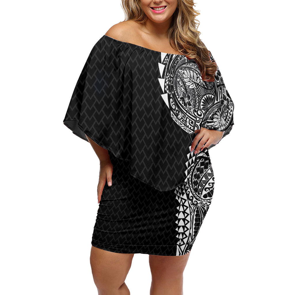 Hawaiian Traditional Tattoos Family Matching Off Shoulder Short Dress and Hawaiian Shirt Kakau Tribal Tropical Plant Motif Black Color LT03 Mom's Dress Black - Polynesian Pride