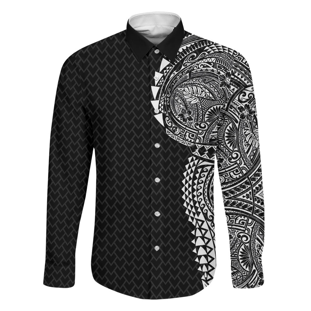 Hawaiian Traditional Tattoos Family Matching Tank Maxi Dress and Hawaiian Shirt Kakau Tribal Tropical Plant Motif Black Color LT03 Dad's Shirt - Long Sleeve Black - Polynesian Pride