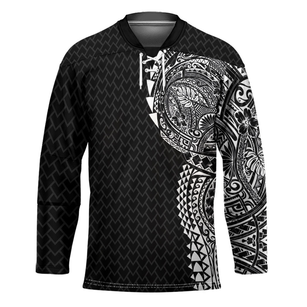 Hawaiian Traditional Tattoos Hockey Jersey Kakau Tribal Tropical Plant Motif Black Color