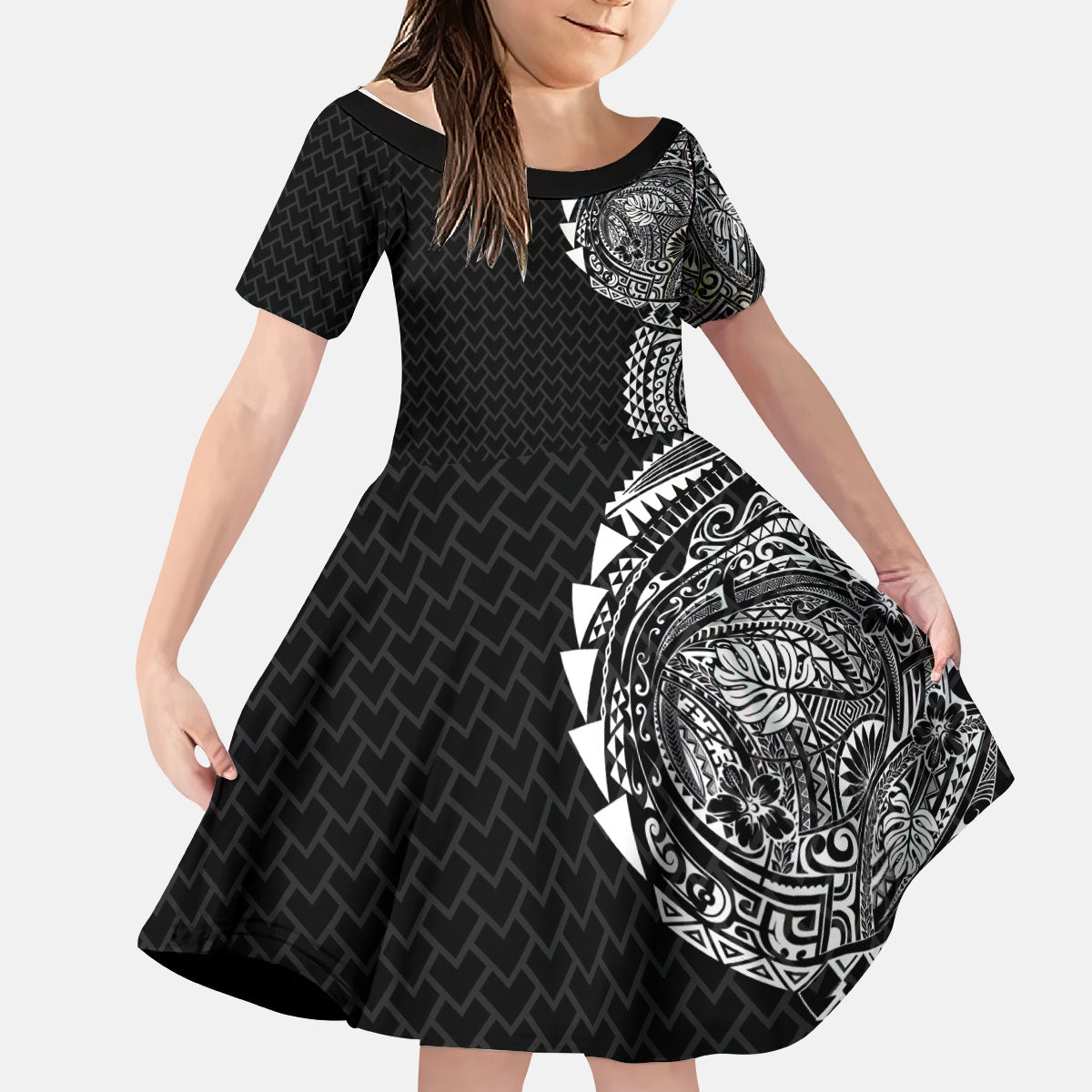 Hawaiian Traditional Tattoos Kid Short Sleeve Dress Kakau Tribal Tropical Plant Motif Black Color LT03 KID Black - Polynesian Pride