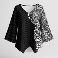 Hawaiian Traditional Tattoos Kimono Sleeve Blouse Kakau Tribal Tropical Plant Motif Black Color