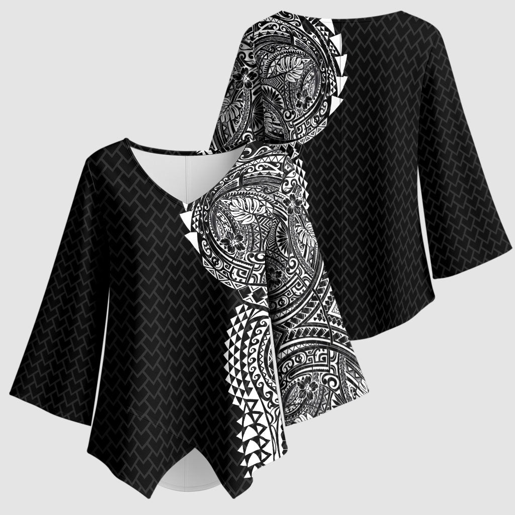 Hawaiian Traditional Tattoos Kimono Sleeve Blouse Kakau Tribal Tropical Plant Motif Black Color