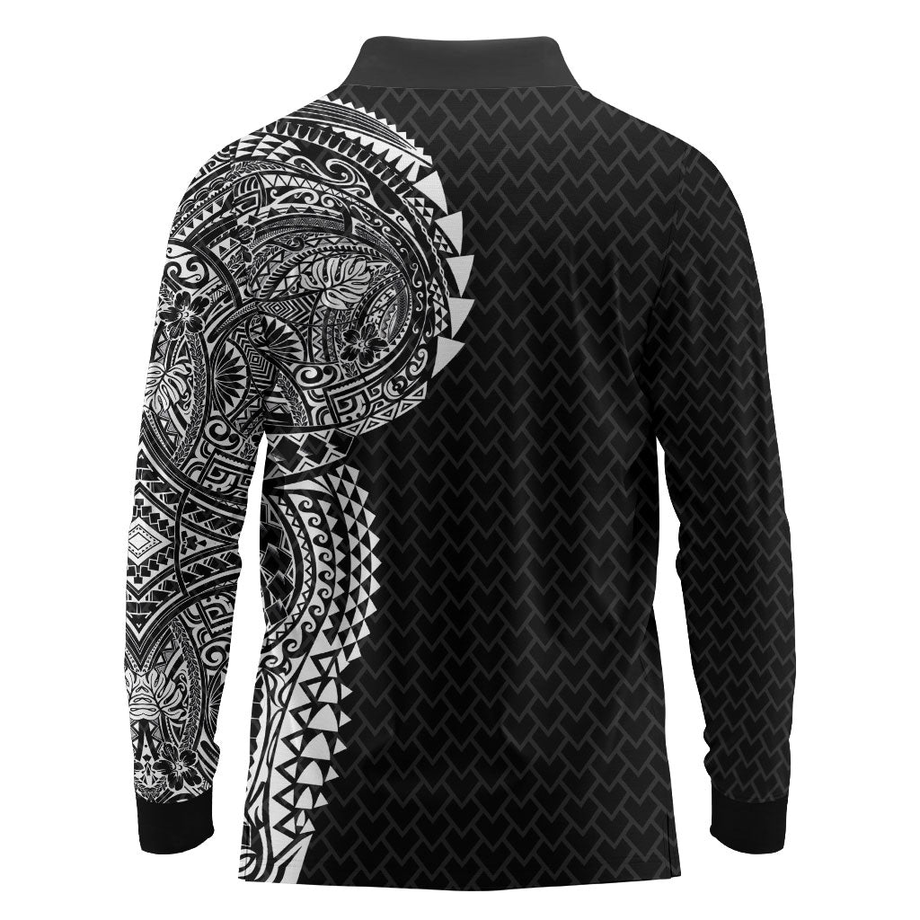Hawaiian Traditional Tattoos Long Sleeve Polo Shirt Kakau Tribal Tropical Plant Motif Black Color LT03 - Polynesian Pride