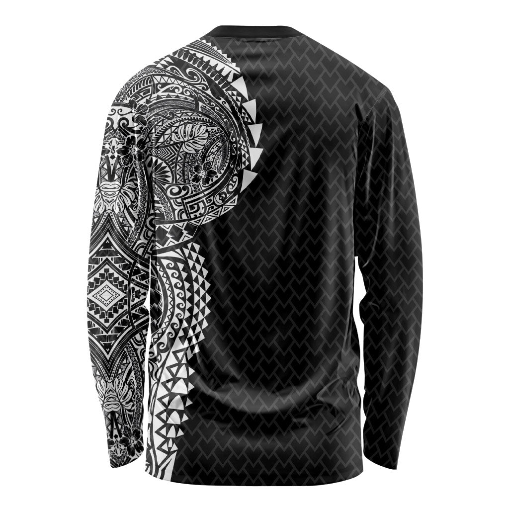 Hawaiian Traditional Tattoos Long Sleeve Shirt Kakau Tribal Tropical Plant Motif Black Color