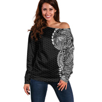 Hawaiian Traditional Tattoos Off Shoulder Sweater Kakau Tribal Tropical Plant Motif Black Color LT03 Women Black - Polynesian Pride