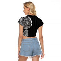 Hawaiian Traditional Tattoos Raglan Cropped T Shirt Kakau Tribal Tropical Plant Motif Black Color
