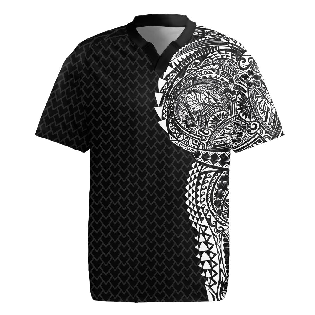 Hawaiian Traditional Tattoos Rugby Jersey Kakau Tribal Tropical Plant Motif Black Color