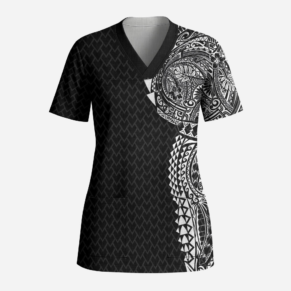 Hawaiian Traditional Tattoos Scrub Top Kakau Tribal Tropical Plant Motif Black Color