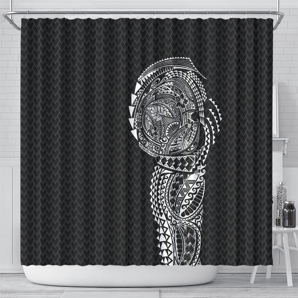 Hawaiian Traditional Tattoos Shower Curtain Kakau Tribal Tropical Plant Motif Black Color