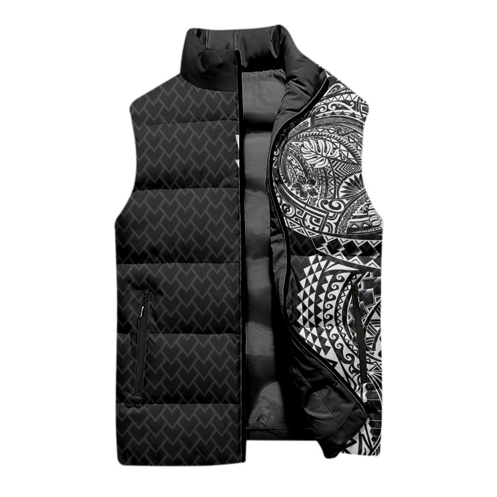 Hawaiian Traditional Tattoos Sleeveless Puffer Jacket Kakau Tribal Tropical Plant Motif Black Color LT03 - Polynesian Pride