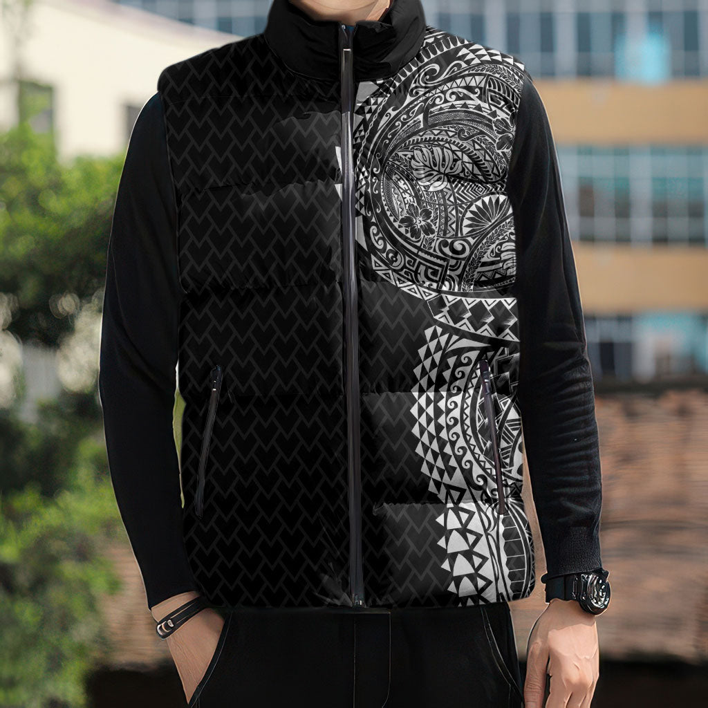Hawaiian Traditional Tattoos Sleeveless Puffer Jacket Kakau Tribal Tropical Plant Motif Black Color LT03 - Polynesian Pride