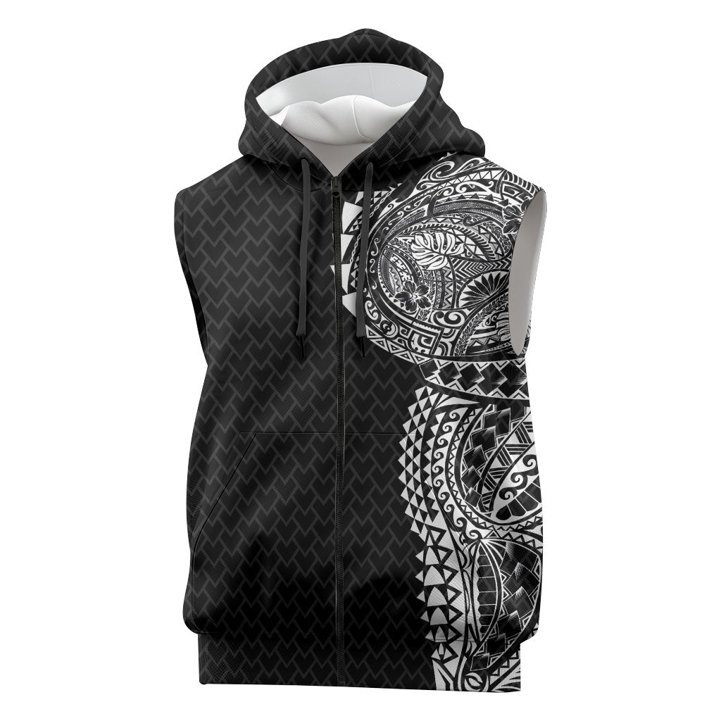 Hawaiian Traditional Tattoos Sleeveless Zip Hoodie Kakau Tribal Tropical Plant Motif Black Color LT03 Black - Polynesian Pride