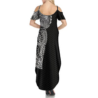 Hawaiian Traditional Tattoos Summer Maxi Dress Kakau Tribal Tropical Plant Motif Black Color