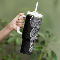 Hawaiian Traditional Tattoos Tumbler With Handle Kakau Tribal Tropical Plant Motif Black Color