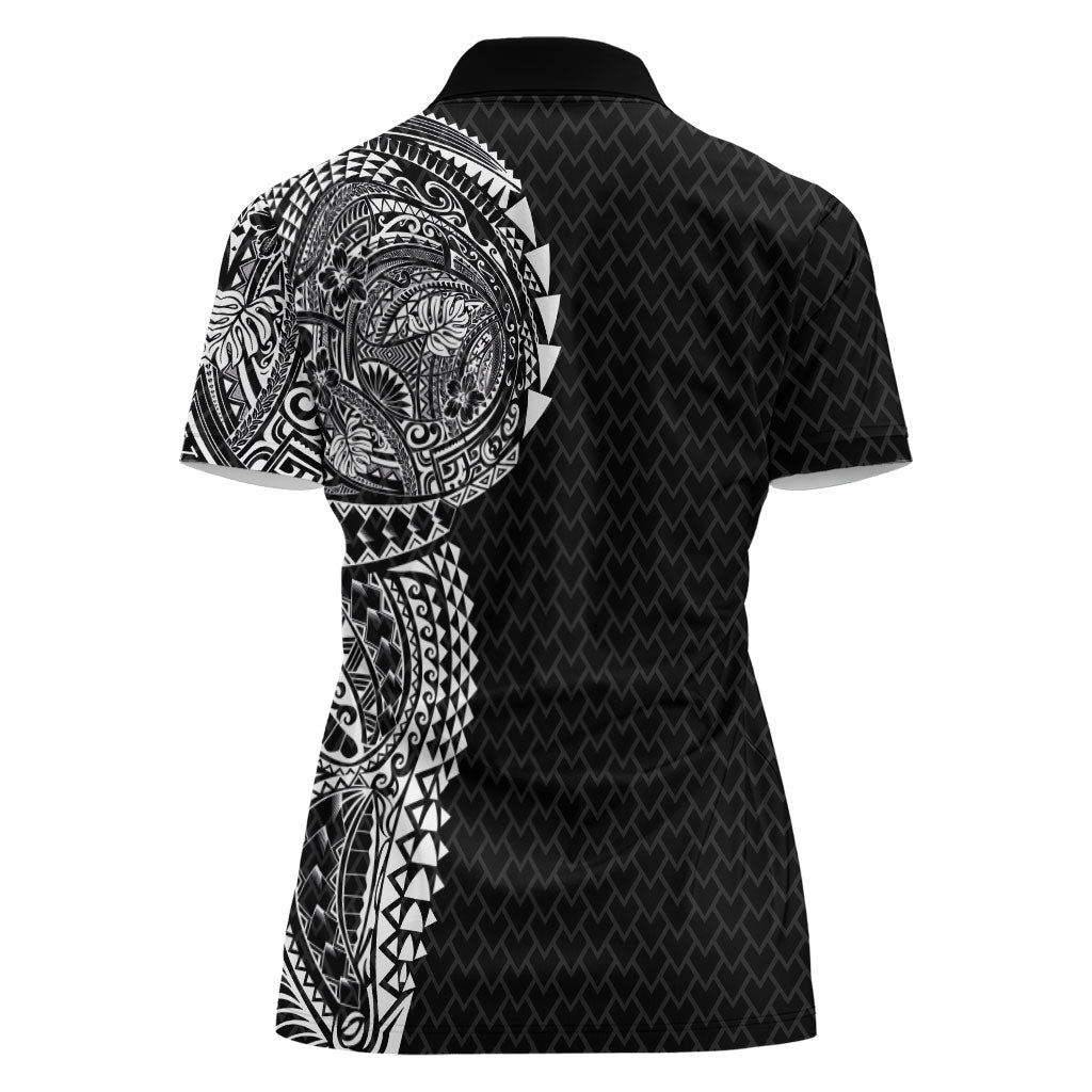 Hawaiian Traditional Tattoos Women Polo Shirt Kakau Tribal Tropical Plant Motif Black Color LT03 - Polynesian Pride