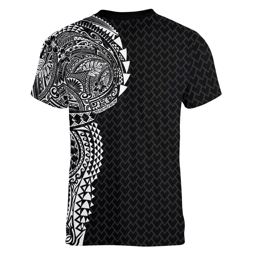 Hawaiian Traditional Tattoos Women V-Neck T-Shirt Kakau Tribal Tropical Plant Motif Black Color LT03 - Polynesian Pride