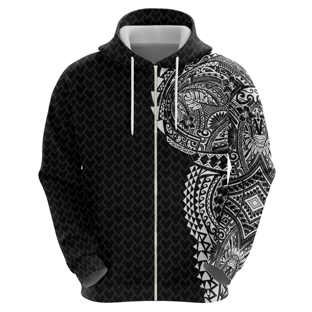 Hawaiian Traditional Tattoos Zip Hoodie Kakau Tribal Tropical Plant Motif Black Color LT03 - Polynesian Pride