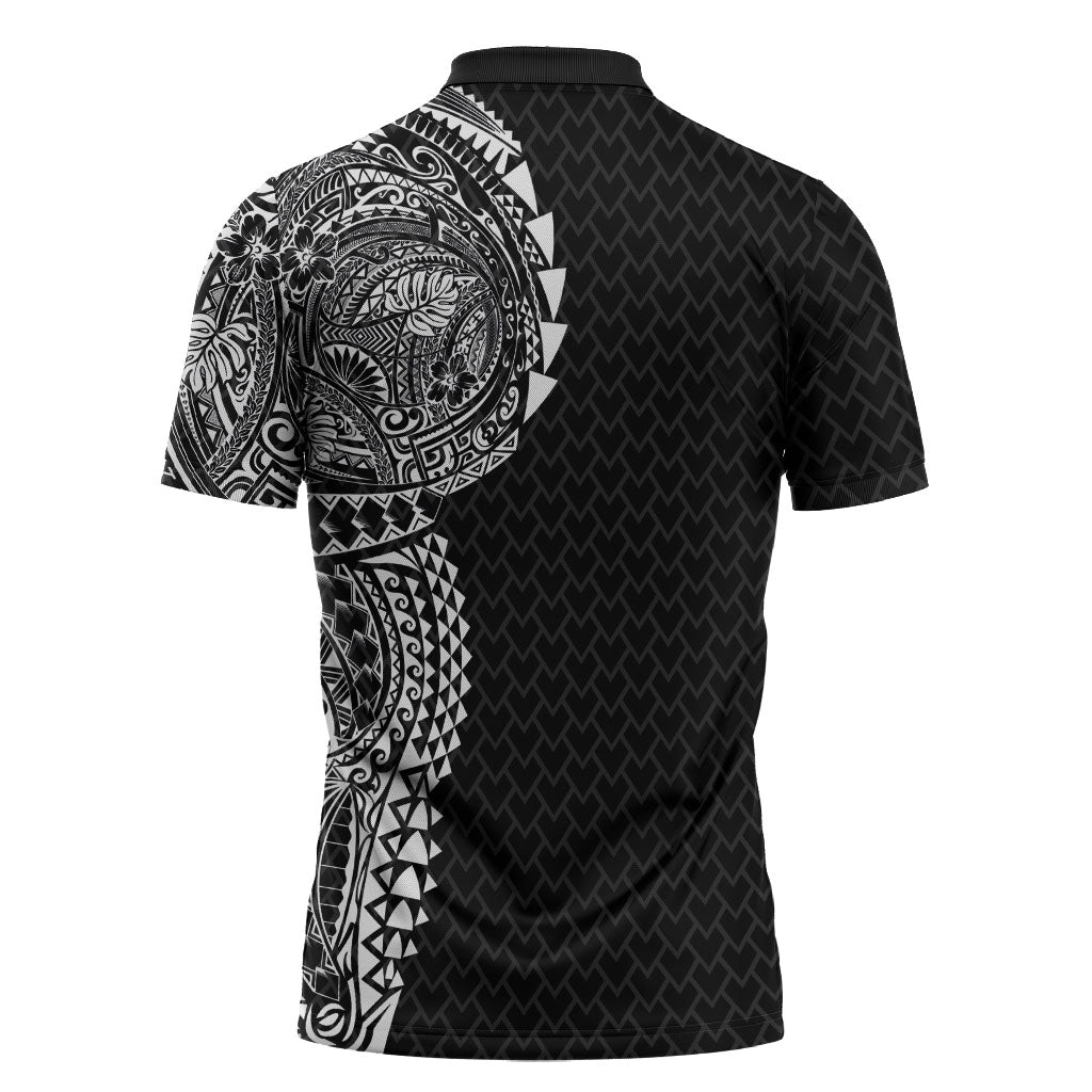Hawaiian Traditional Tattoos Zipper Polo Shirt Kakau Tribal Tropical Plant Motif Black Color LT03 - Polynesian Pride