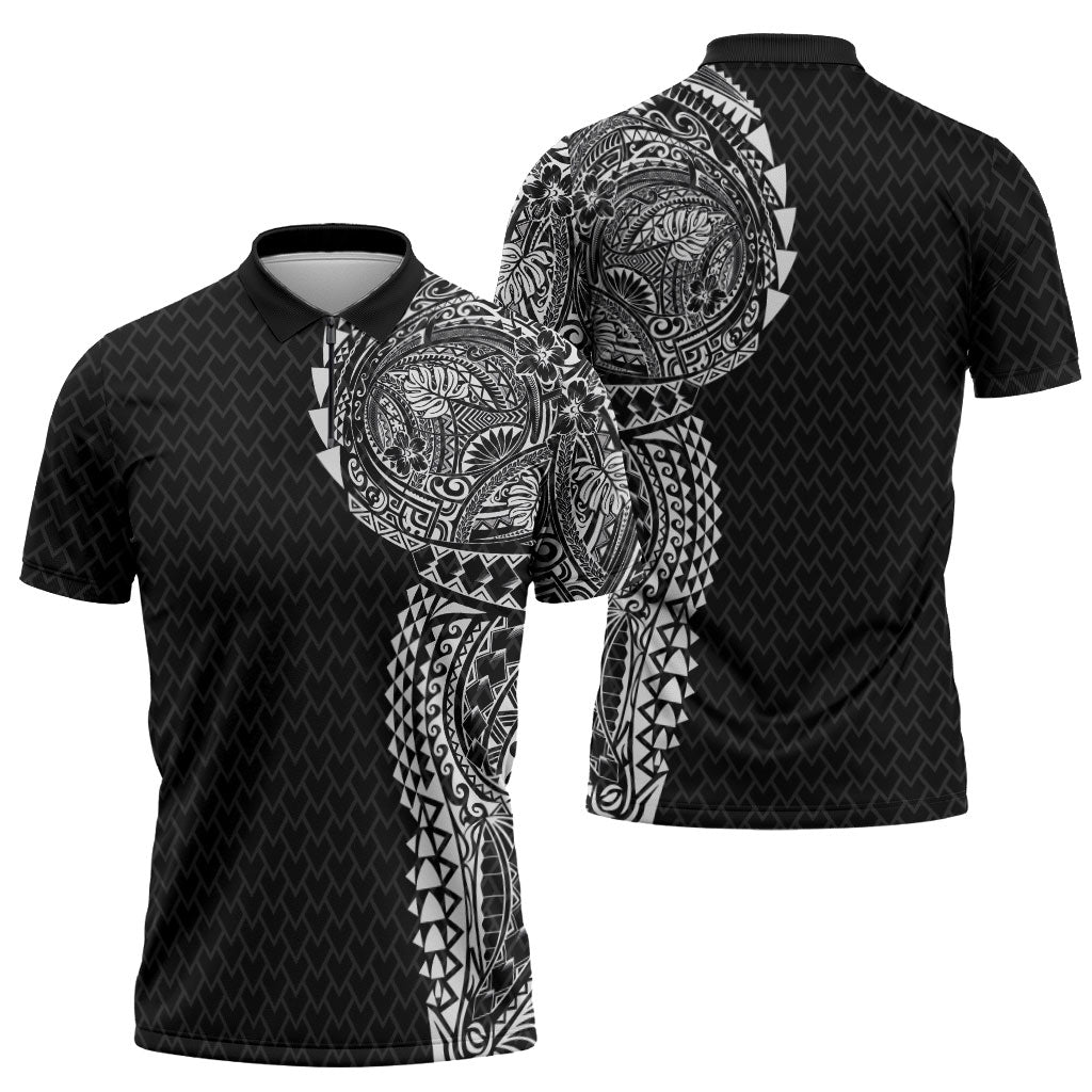 Hawaiian Traditional Tattoos Zipper Polo Shirt Kakau Tribal Tropical Plant Motif Black Color LT03 - Polynesian Pride