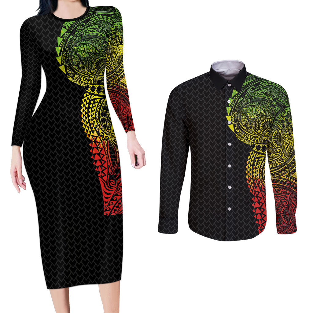 Hawaiian Traditional Tattoos Couples Matching Long Sleeve Bodycon Dress and Long Sleeve Button Shirt Kakau Tribal Tropical Plant Motif Kanaka Maoli Flag Color Inspired