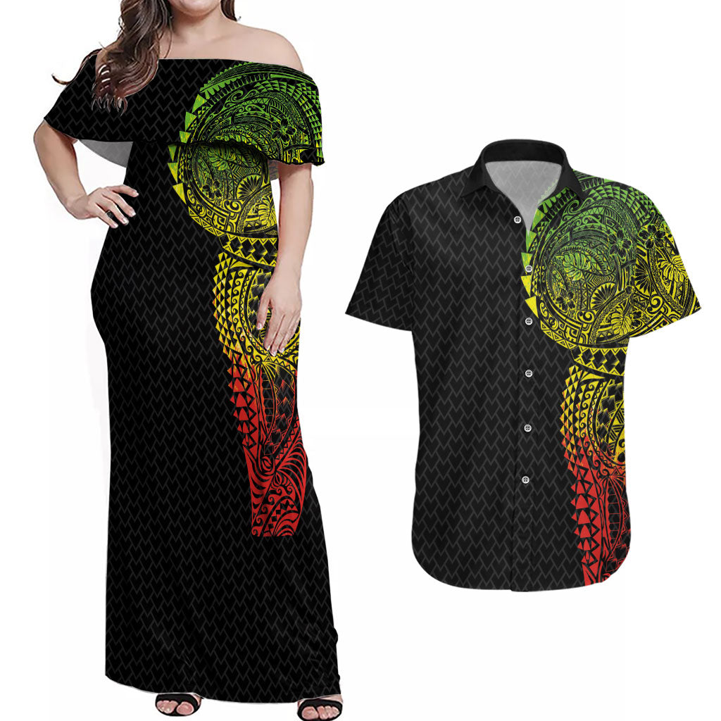 Hawaiian Traditional Tattoos Couples Matching Off Shoulder Maxi Dress and Hawaiian Shirt Kakau Tribal Tropical Plant Motif Kanaka Maoli Flag Color Inspired
