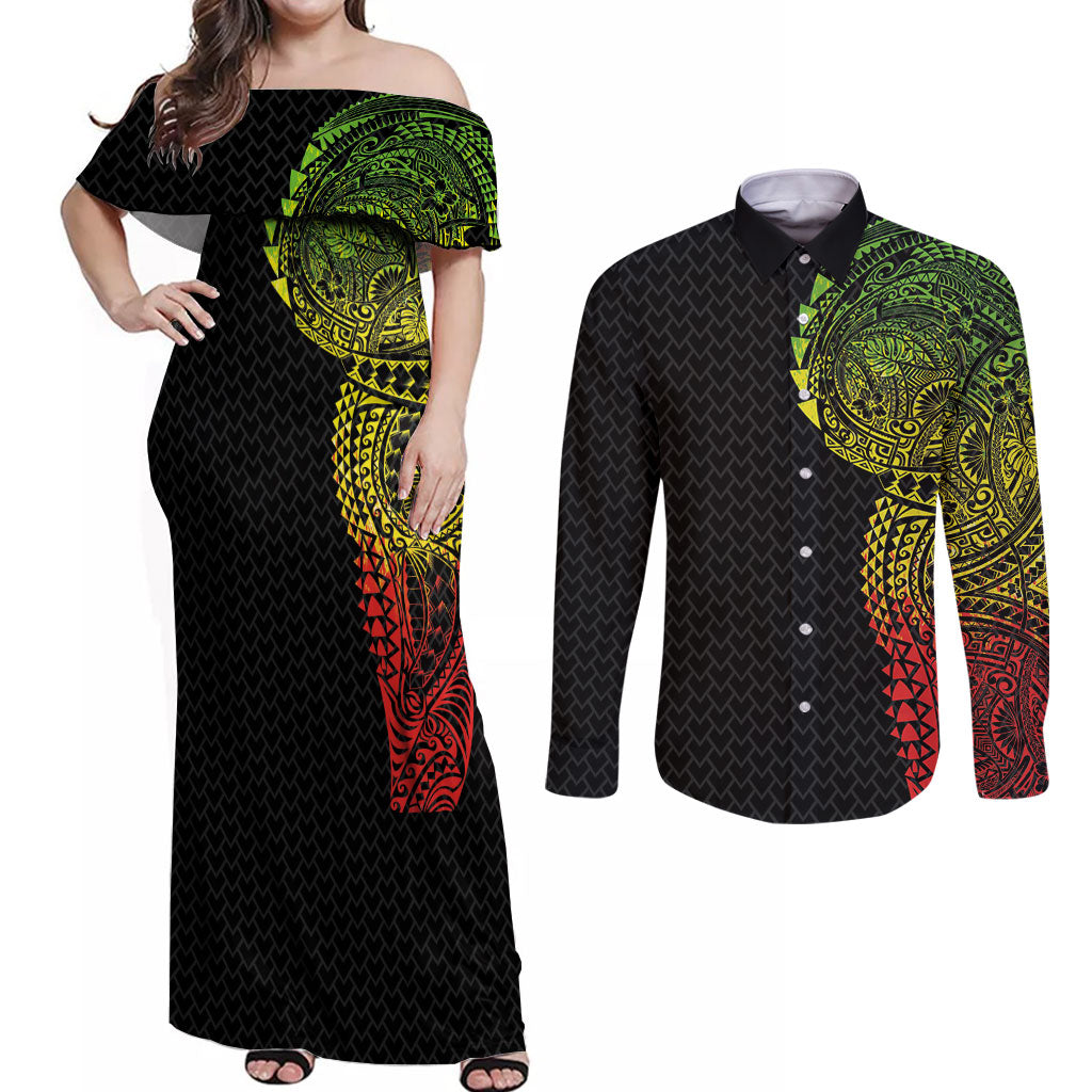 Hawaiian Traditional Tattoos Couples Matching Off Shoulder Maxi Dress and Long Sleeve Button Shirt Kakau Tribal Tropical Plant Motif Kanaka Maoli Flag Color Inspired LT03 Multicolor - Polynesian Pride