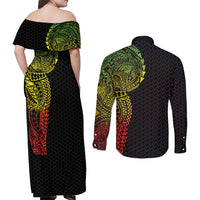 Hawaiian Traditional Tattoos Couples Matching Off Shoulder Maxi Dress and Long Sleeve Button Shirt Kakau Tribal Tropical Plant Motif Kanaka Maoli Flag Color Inspired LT03 - Polynesian Pride