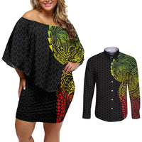 Hawaiian Traditional Tattoos Couples Matching Off Shoulder Short Dress and Long Sleeve Button Shirt Kakau Tribal Tropical Plant Motif Kanaka Maoli Flag Color Inspired LT03 Multicolor - Polynesian Pride