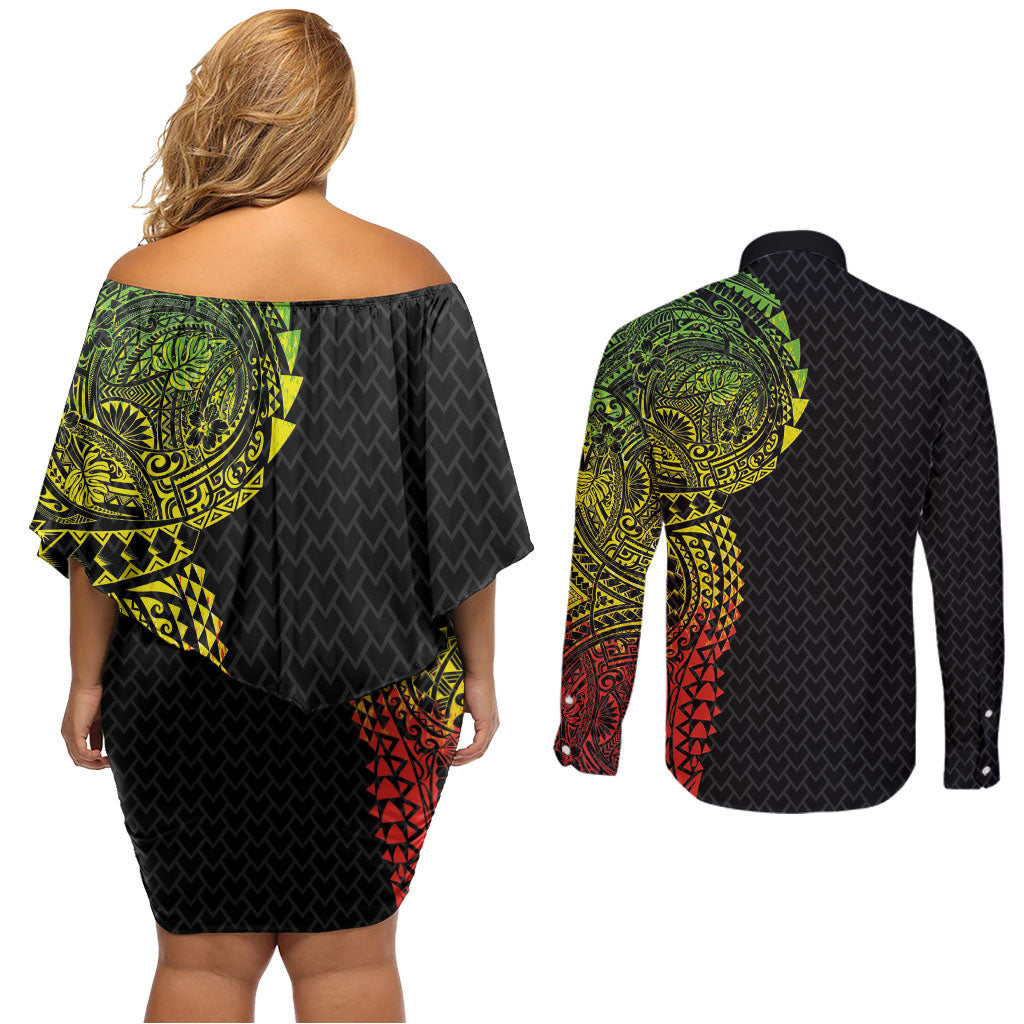 Hawaiian Traditional Tattoos Couples Matching Off Shoulder Short Dress and Long Sleeve Button Shirt Kakau Tribal Tropical Plant Motif Kanaka Maoli Flag Color Inspired LT03 - Polynesian Pride