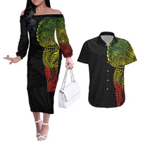 Hawaiian Traditional Tattoos Couples Matching Off The Shoulder Long Sleeve Dress and Hawaiian Shirt Kakau Tribal Tropical Plant Motif Kanaka Maoli Flag Color Inspired LT03 Multicolor - Polynesian Pride
